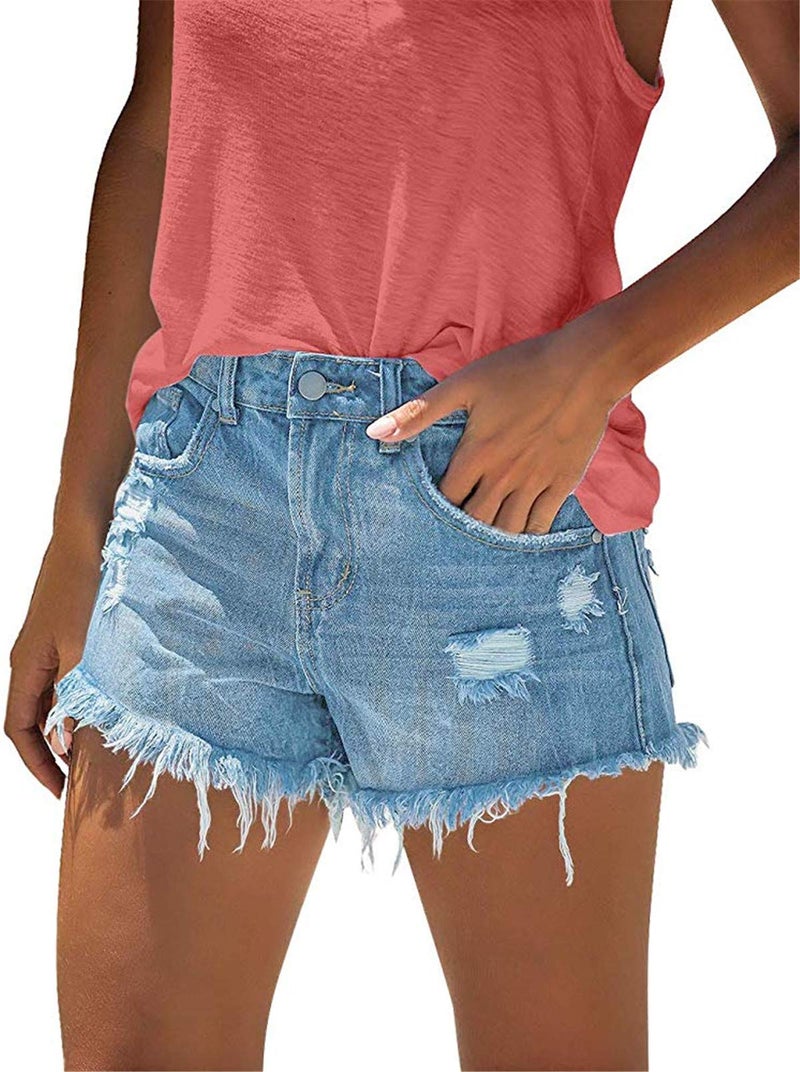 onlypuff Blue Mid Waisted Shorts Stretchy with Pockets Ladies Denim Shorts Ripped XL - Image 2